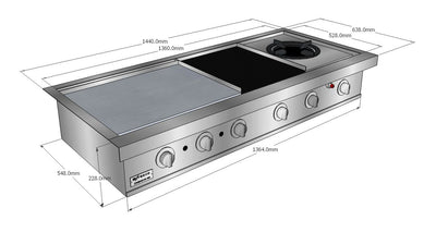 Infresco 1360mm Barbecue - 680mm Hotplate/320mm Grill/ 25 Megajoule Wok with Flat lid